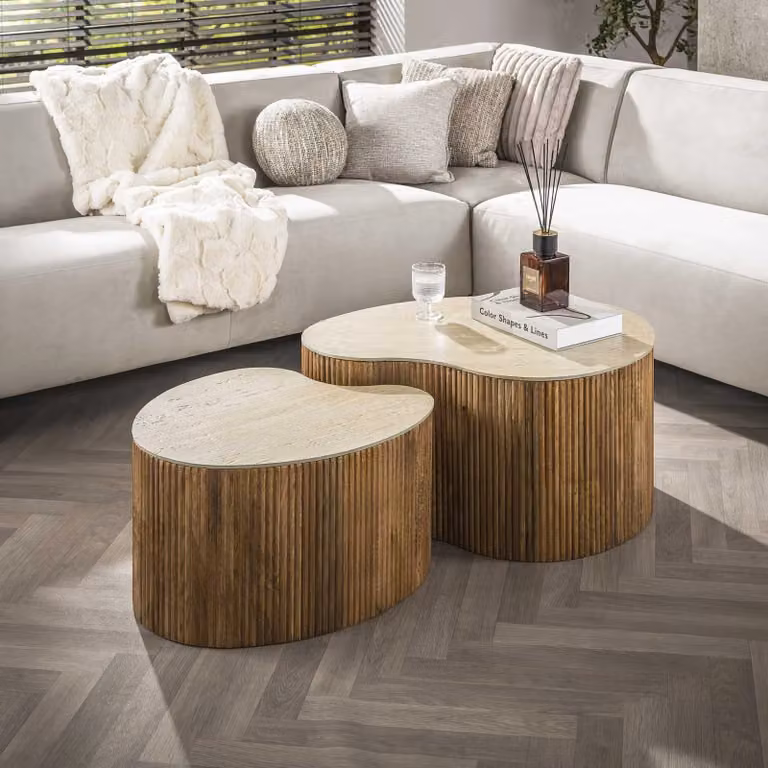 WoonStijl Salontafel Nuovo set van 2, niervormig, massief mango hout, zandkleur
