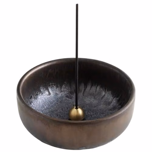 Asayu Japan Wierookhouder voor Stokjes, Keramiek en Messing, Rond, Zwart-Goud, B: 10 cm, D: 10 cm, H: 4,5 cm