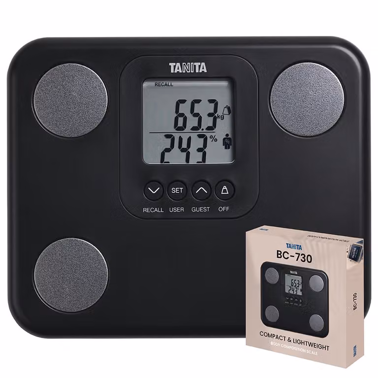 Tanita BC-730 Compacte lichaamsanalyseweegschaal voor het meten van lichaamsvet, spiermassa, visceraal vet en metabole leeftijd, max. 150 kg