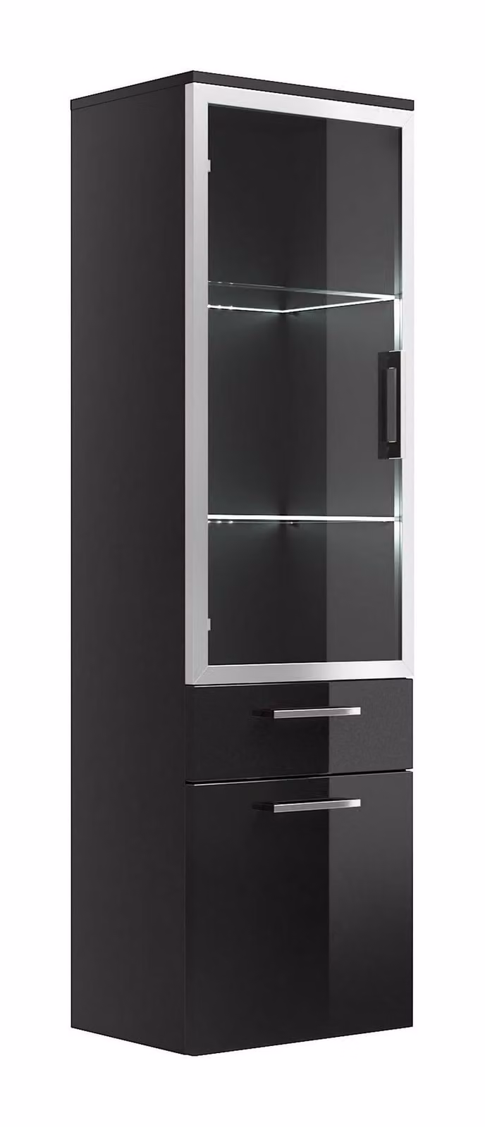 Posseik Hoge kast met glazen deur en aluminium details, antracietkleurig, Hoogte: 134,5 cm