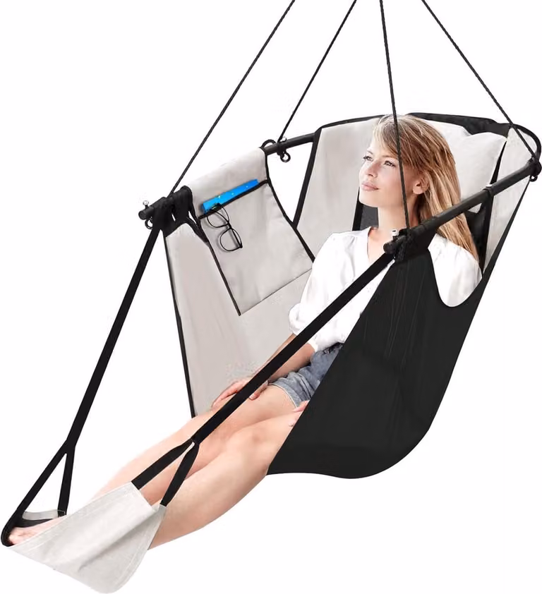 U-vormige hangstoel cocoon met metalen frame en kussen voor buiten, multicolor