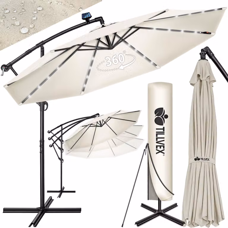 Tresko Zweefparasol Aluminium met LED Solar en Windbescherming, Diameter: 350 cm