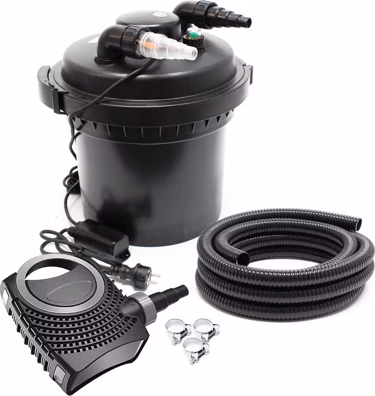 SunSun Complete set: CPF-280 vijverfilter tot 8000 liter met 11 Watt UV-C wateronzuiveraar, NEO8000 SuperEco vijverpomp 8000 l/u en 10 meter vijverslang 38 mm inclusief slangklemmen