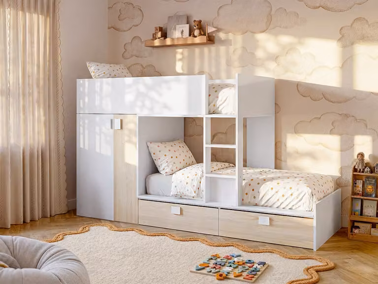 Vente-unique Stapelbed voor kinderen met ingebouwde kast en lades, Wit en Eiken, 90 x 190 cm