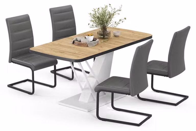 Vicco Fenaro Eettafelset met 4 eetkamerstoelen, Goudkleurig Eiken/Wit en Grijs, B: 120 cm, D: 80 cm, H: 76 cm
