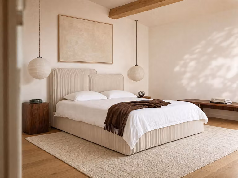 NAYOLA Bed met opbergruimte in beige ribfluweel, 180 x 200 cm