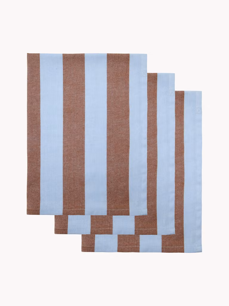 House Doctor Theedoeken Cook, 3-delig, Gestreept, Bruin/Blauw/Rood, Katoen