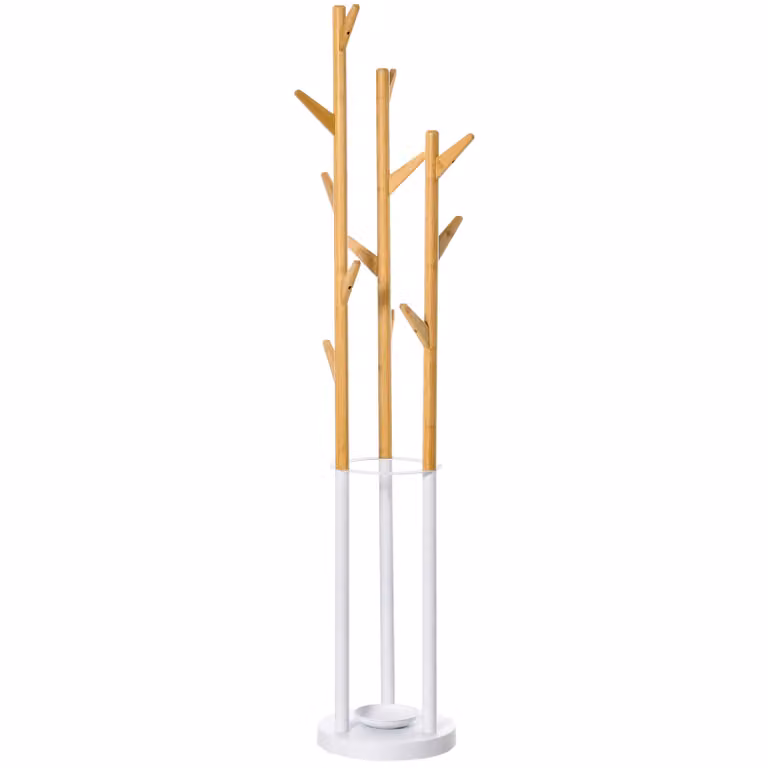 HOMCOM Garderobestandaard met 13 haken en paraplubak, metaal en bamboe, Wit/Naturel, B/D/H: 30,5 x 30,5 x 174,5 cm