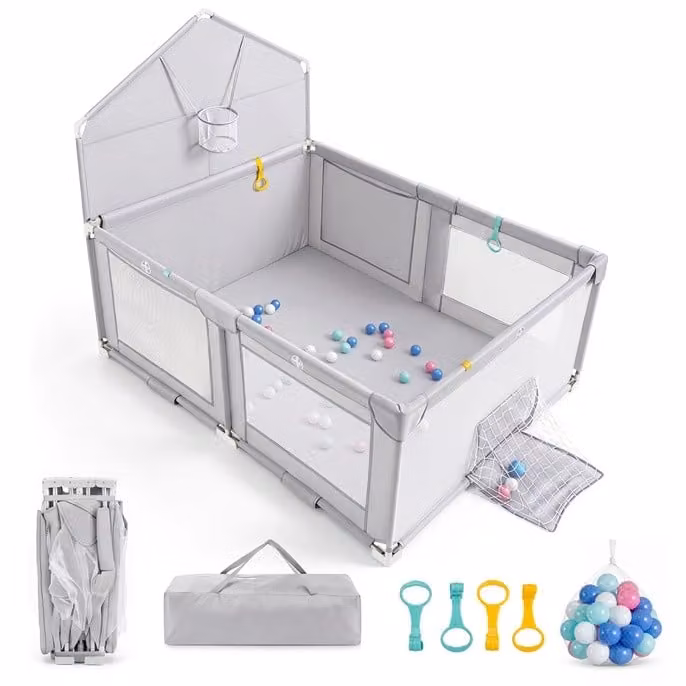 Costway Vouwbaar Babypark voor kinderen van 0-3 jaar, Lichtgrijs, 223 x 150 cm