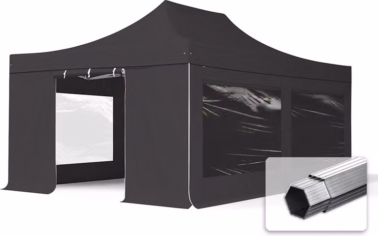 Professional Easy Up Partytent Vouwpaviljoen met 4 Panorama Zijwanden, Zwart, 4 x 6 m