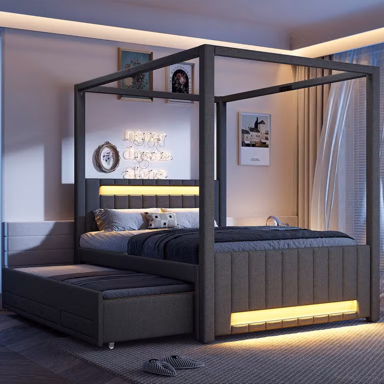 Modern Hemelbed met LED-verlichting en 3 Laden in Grijs - B/D/H: 140 x 200 x 211,8 cm