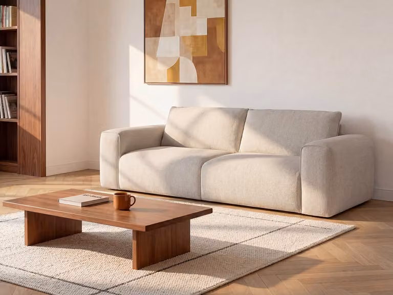 POGLO Vierzitsslaapbank Express converteerbaar in beige stof met matras van 16 cm en slaapoppervlak van 160 cm