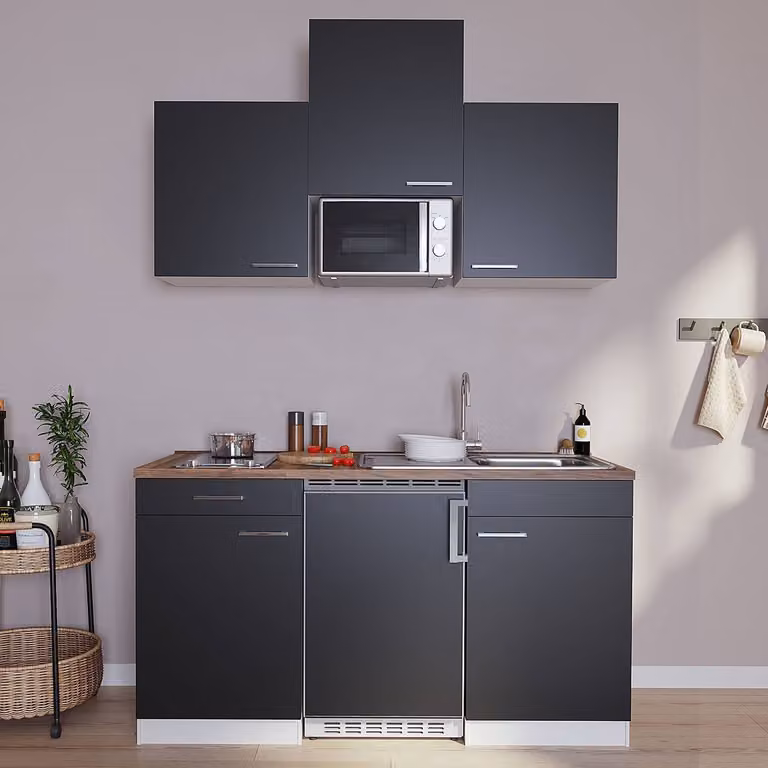 home24 Mini keuken Luis III met magnetron, 150 cm, bruin/zwart/wit