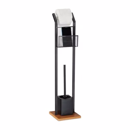 Relaxdays Toiletbutler met opbergruimte, toiletrolhouder en toiletborstel, zwart, Hoogte: 78 cm