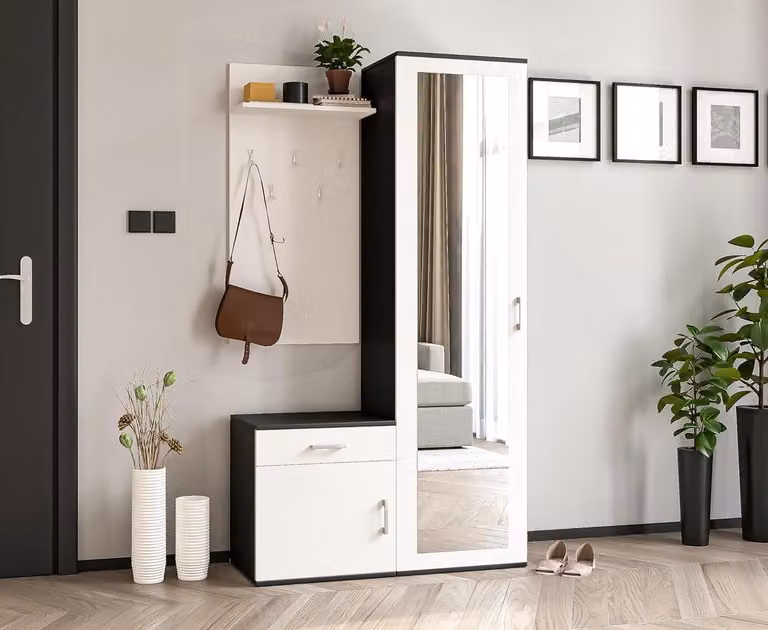 Modern Garderobe met Spiegel en Halmeubel Set - Zwart Wit - Breedte: 100 cm