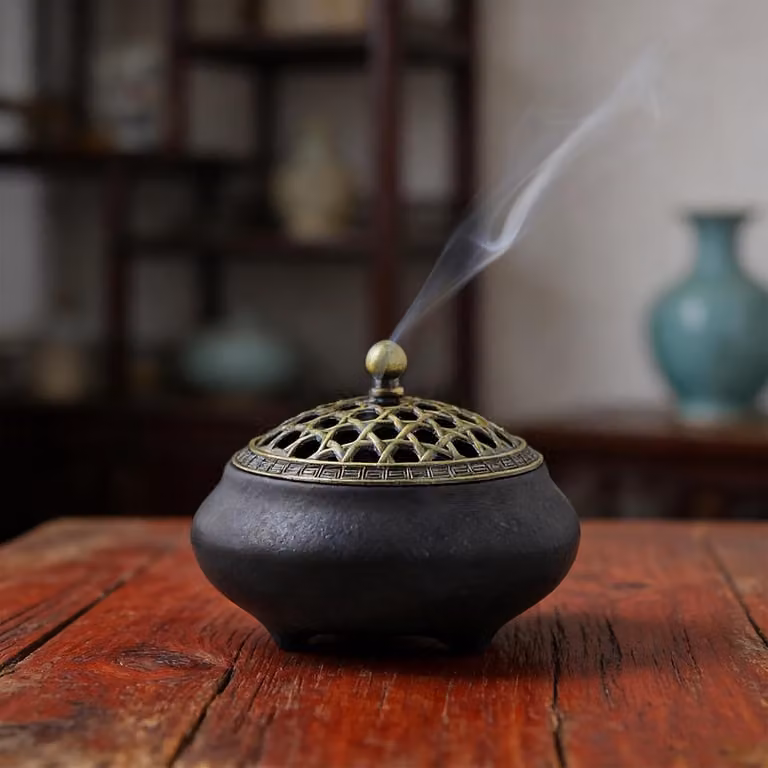 Ceramische Vintage Wierookkom met Metalen Deksel en Vuurvaste Houder voor Meditatie en Decoratie