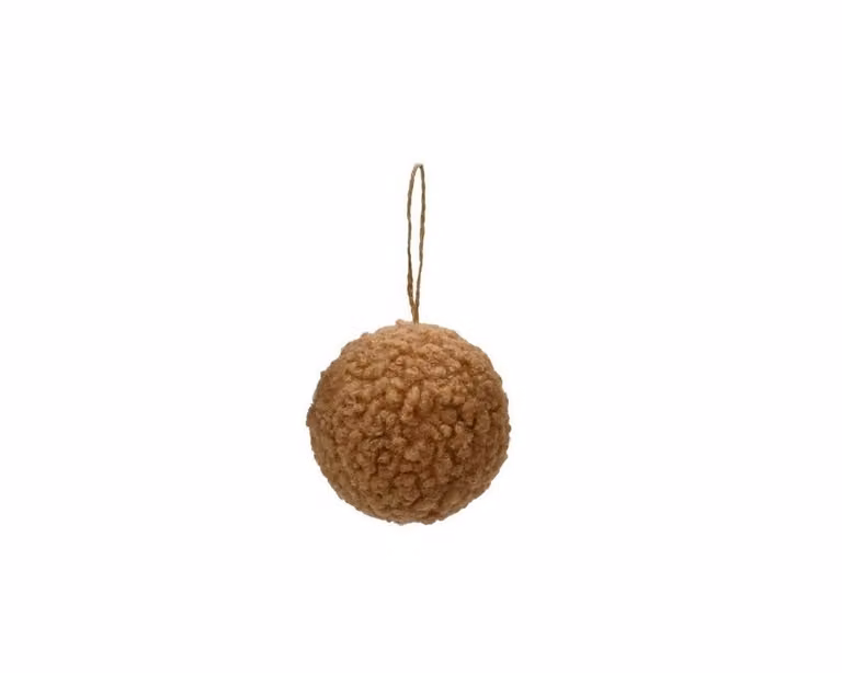 Bruine kerstbal van textiel met abstract patroon, diameter 8 cm