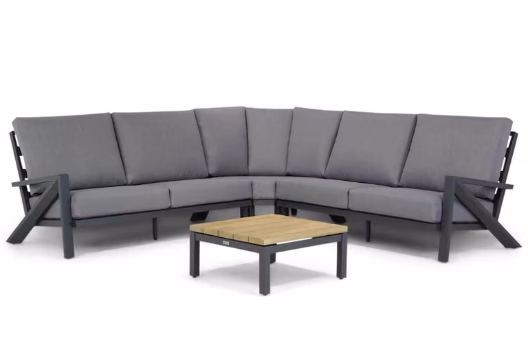 Santika Furniture Santika Cinta/Riviera 4-delige hoek loungeset van behandeld hardhout met grijze kussens