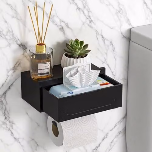 CHARMNAIL Toiletpapierhouder zwart met opbergplank en zonder boren