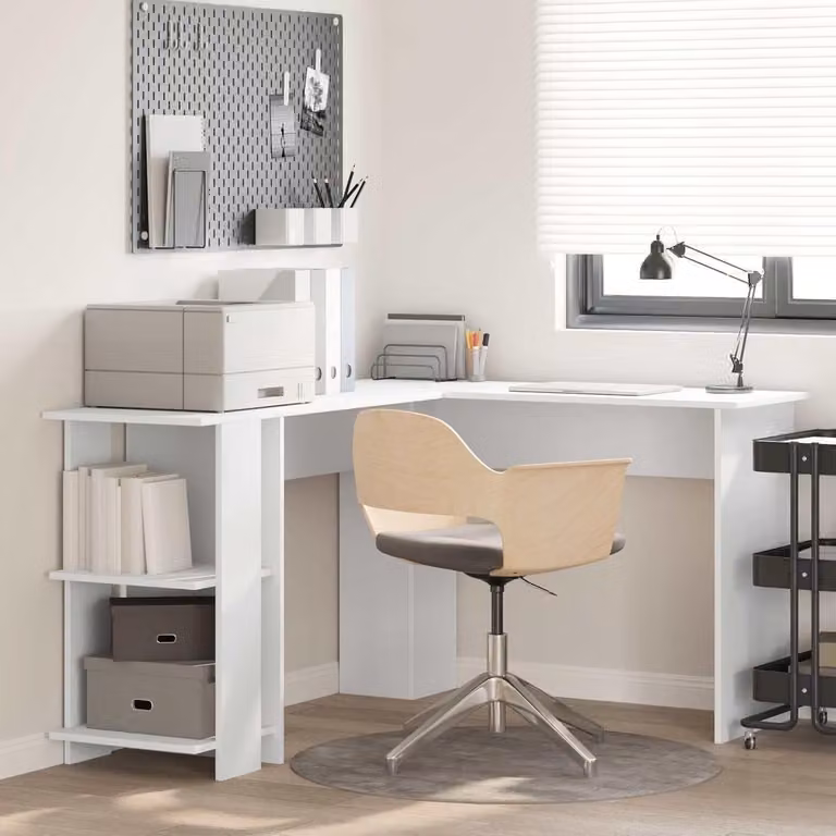 Wit L-vormig hoekbureau met geïntegreerde plank voor je thuiskantoor, B: 140 cm, D: 113,5 cm, H: 75 cm