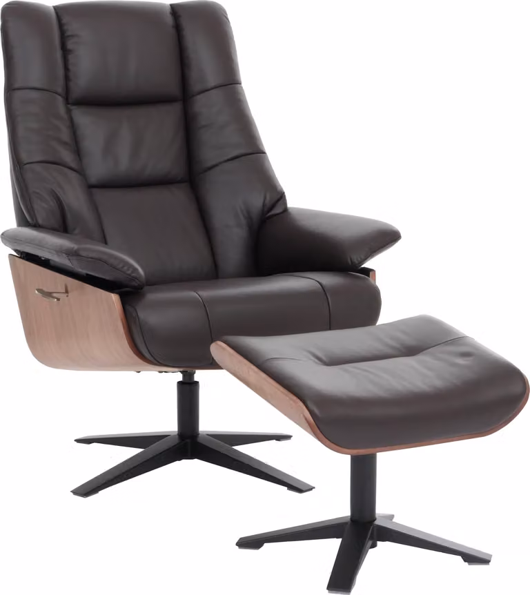 MCA Relax fauteuil met hocker HWC-N57, tv-fauteuil en ligfauteuil van echt leer en hout, bruin