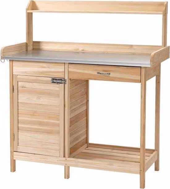Outsunny Planten Werktafel met Gegalvaniseerd Werkblad - Naturel - B/D/H: 112 x 45 x 125 cm