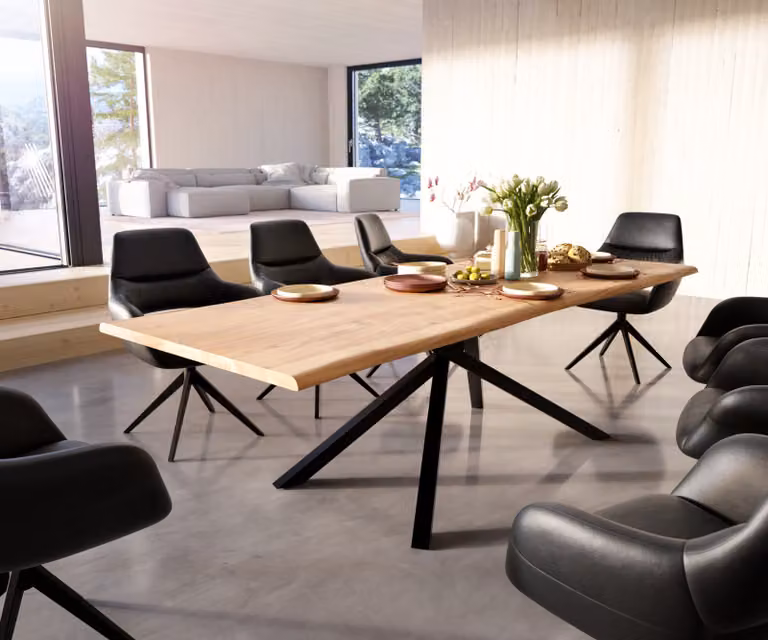 DELIFE Eettafel Edge van Acacia Hout met Live-Edge en X-frame, Natuur/Zwart, B: 260 cm, D: 100 cm, H: 73,5 cm