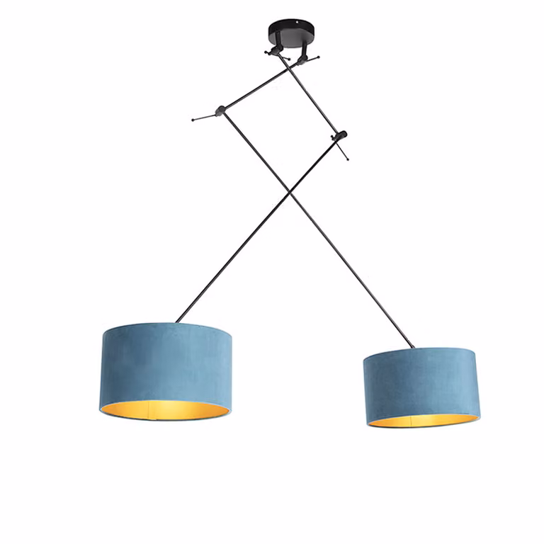 Qazqa Hanglamp zwart met blauwe velours kappen en goud, 2-lichts, 35 cm