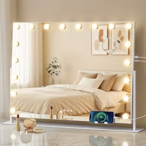 SONGMICS Hollywood make-upspiegel met verlichting, 18 LED-lampen, dimbaar met 3 lichtkleuren, touch-bediening, telefoonhouder en oplaadpoorten, Mat Wit, B: 80 cm, H: 64,5 cm, D: 13 cm