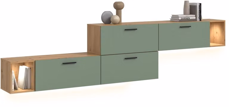 Moderne woonwand met verlichting in artisan eik en smoke green, Breedte: 276 cm