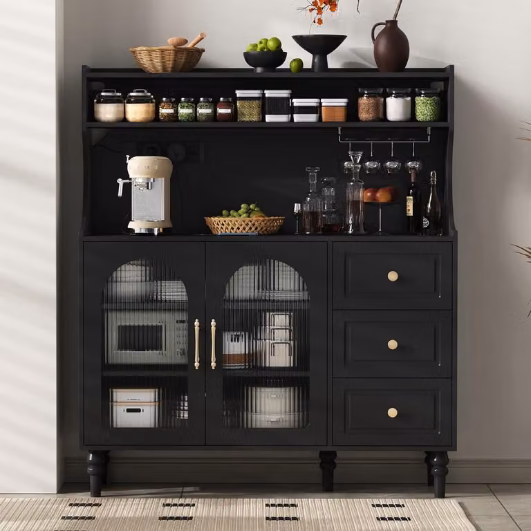 Hoge Keukenkast en Buffetkast met Ladekast en Geïntegreerd Laadstation in Zwart - B/D/H: 120 x 40 x 140 cm