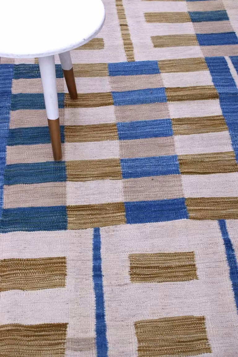Koho Afghan Modern Kelim Blauw Handgeweven Wollen Vloerkleed Laagpolig B/D: 288 x 199 cm