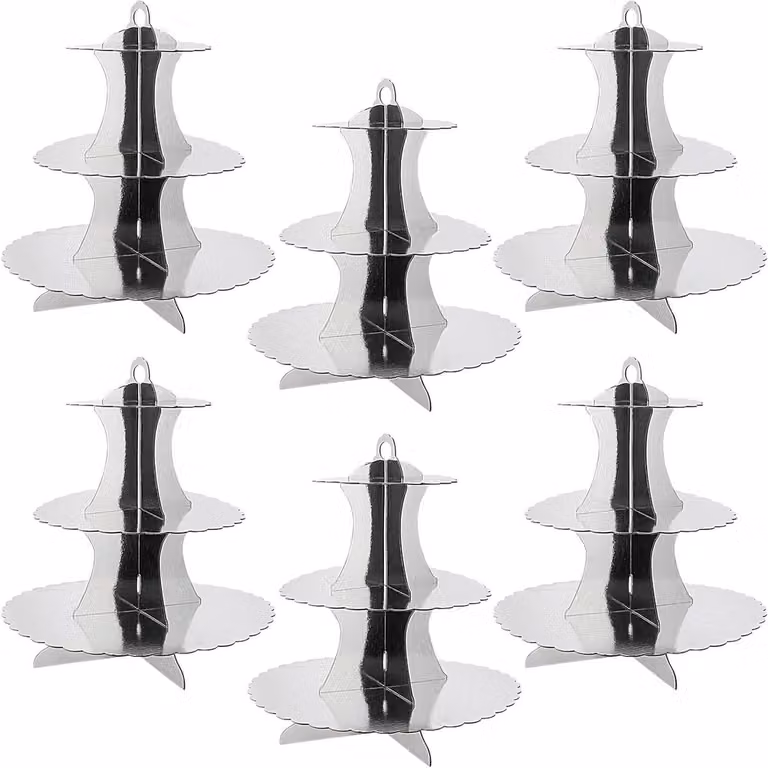 Set van 6 zilverkleurige 3-laagse kartonnen taartstandaards en cupcake display torens voor verjaardagen, bruiloften en theefeestjes