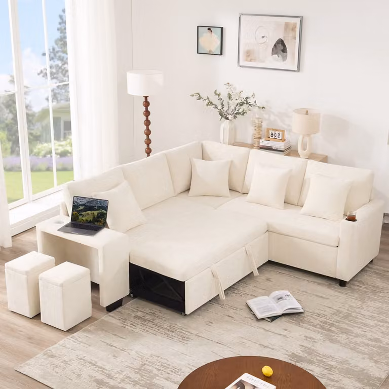 Modulaire L-vormige slaapbank met opbergvak en USB-poorten in beige, inclusief 4 kussens en hocker, Breedte: 220 cm, Diepte: 86.5 cm