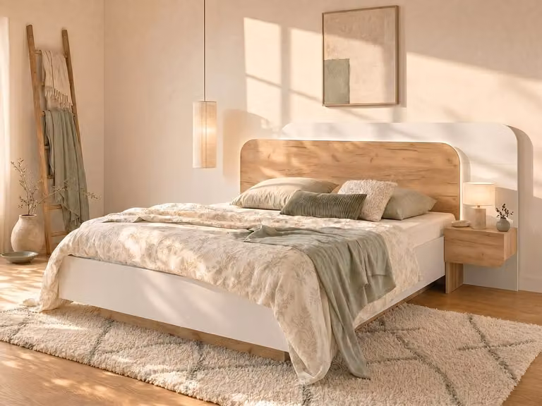 DESADO Bed met nachtkastjes en ledverlichting, Houteffect en Wit, 160 x 200 cm