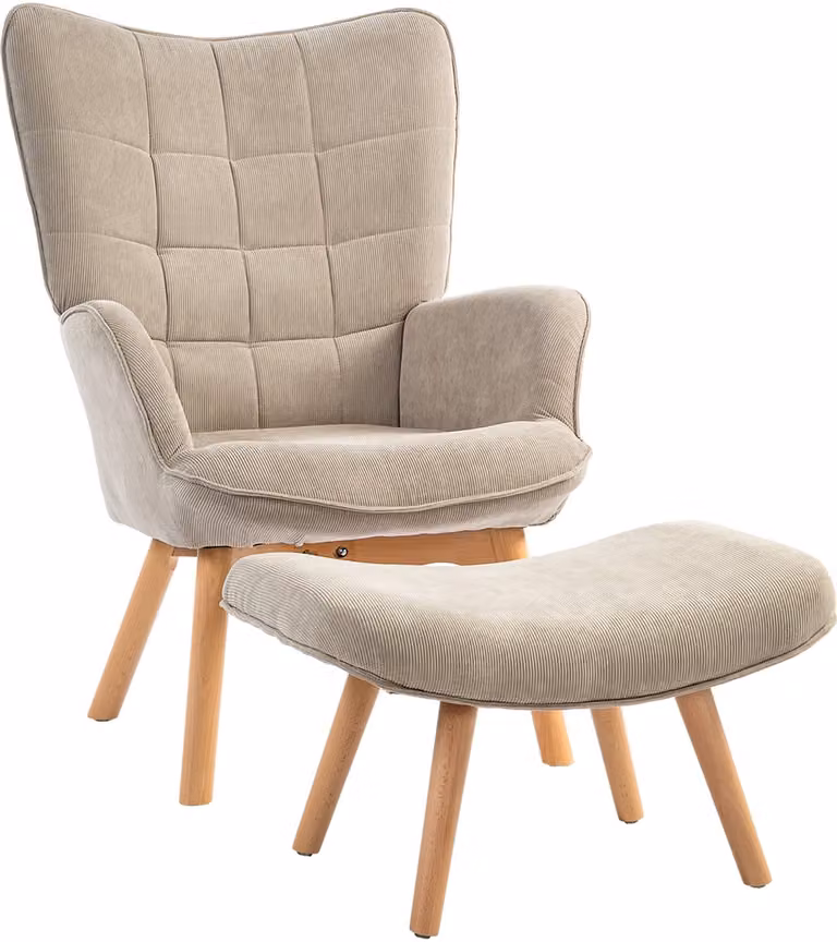 Bruine loungefauteuil met voetensteun en hoge rugleuning van gestoffeerd corduroy