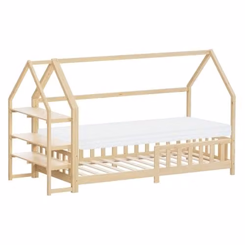 ML-Design Montessori kinderbed van massief grenenhout met matras en plank, Huisbed voor jongens en meisjes, 90 x 200 cm
