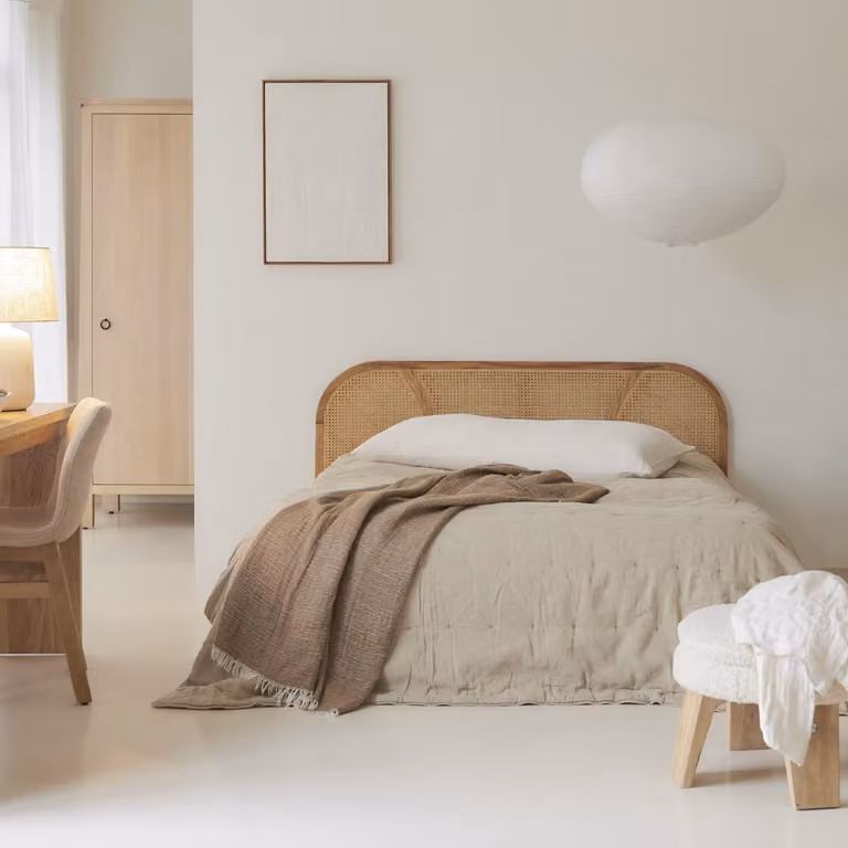 Tikamoon Hoofdbord van massief mindihout en rotan vlechtwerk - Naturel/Beige - Breedte: 160 cm