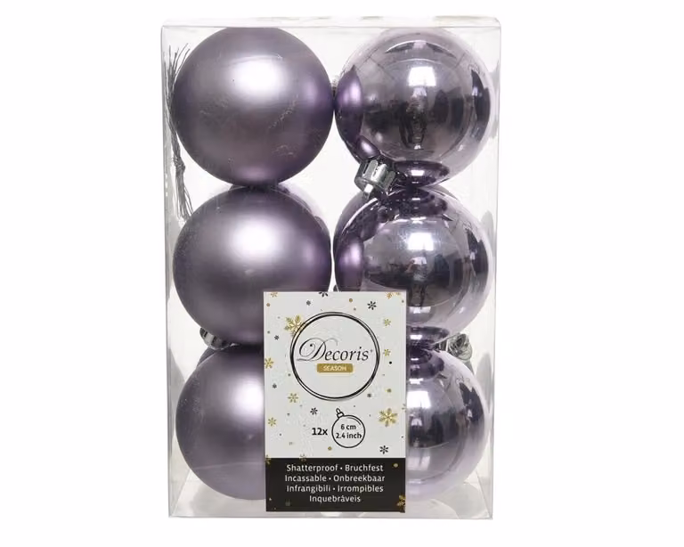 Set van 12 onbreekbare ronde kerstballen in bevroren lila, Diameter: 6 cm