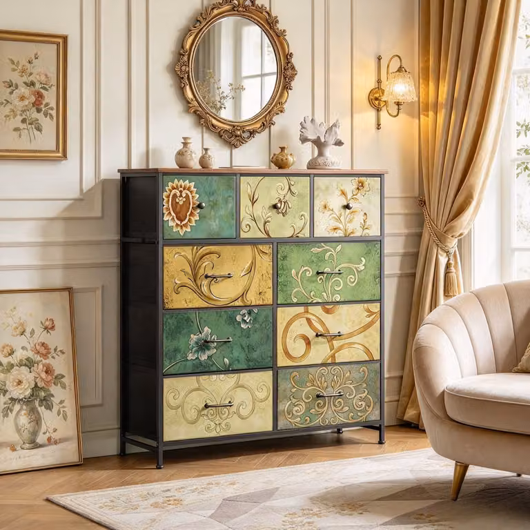 Vintage dressoir met 9 lades en kleurrijk beschilderde ladefronten, zwart metalen frame