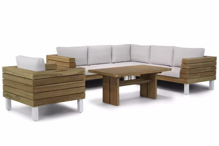 Lifestyle Garden Furniture Seashore/Brighton hoekbank van behandeld teak met beige en witte kussens, 140 cm