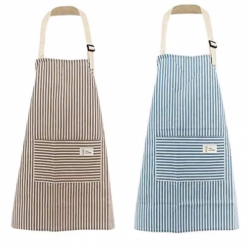 Coyanyu Set van 2 Damesschorten met Zakken, Blauw en Koffiestreep, Verstelbaar Katoen Linnen Keukenschort voor Koken, Barbecue en Tuinieren