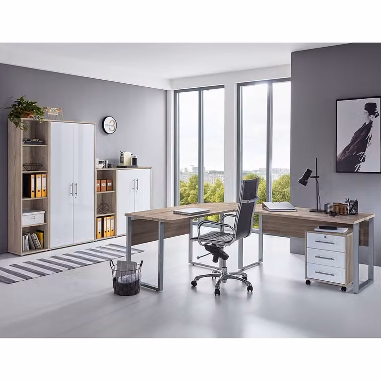 home24 Bureauset III 6-delig in beige en wit met Sonoma eikenhouten look