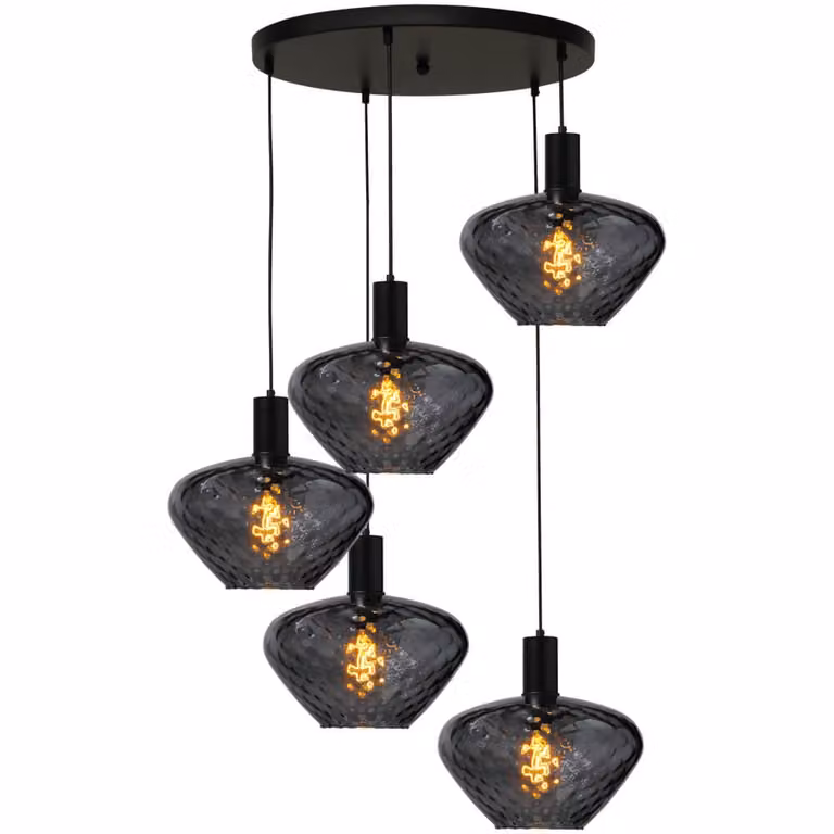 Masterlight Porto 5-lichts vide hanglamp met Blossom smoke glazen - zwart
