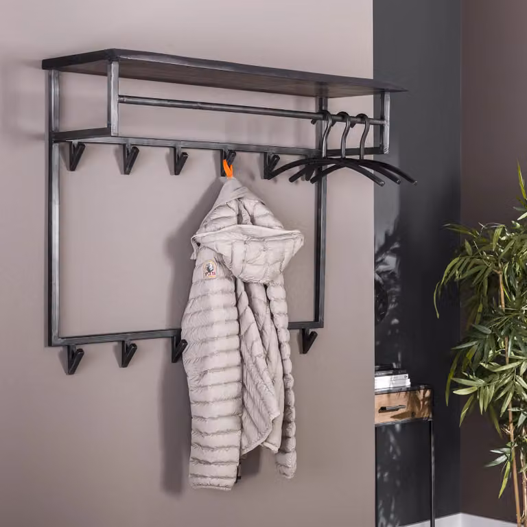 WoonStijl Kapstok Yucon Hoog met 12 Haken, Acaciahout en Metaal, Zwart, Industrieel Design