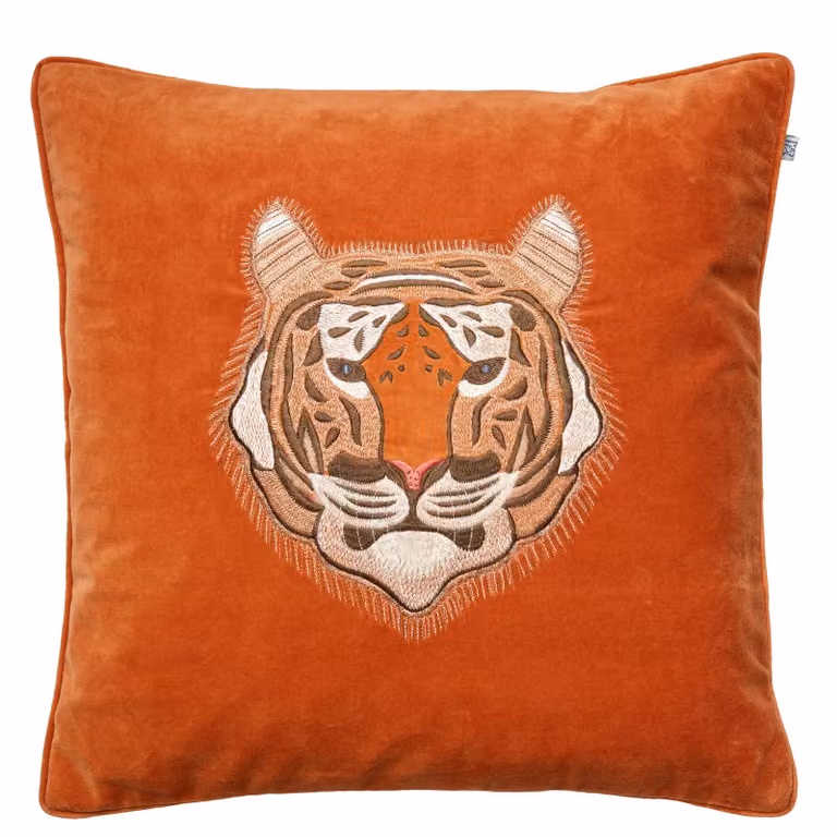 Chhatwal & Jonsson Kussenhoes met geborduurde tijger, Oranje, 50 x 50 cm