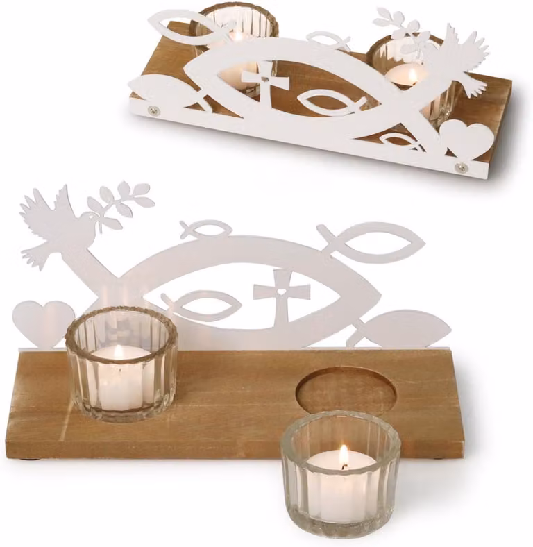 Christelijke kandelaar met vis en duif voor kerst of pasen - Wit - B/D/H: 20 x 7 x 9 cm