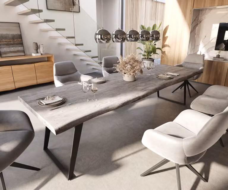 DELIFE Eettafel Edge Live-Edge Acacia en Metaal, Platina/Zilver/Zwart, B: 300 cm, D: 100 cm, H: 76,5 cm
