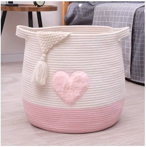 Lauatiiu Grote geweven opbergmand van katoenen touw met handgrepen, ronde speelgoedmand en wasmand voor de kinderkamer, roze, D: 45 cm, H: 43 cm
