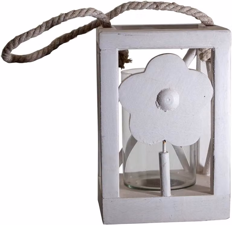 Wit Houten Lantaarn Windlicht met Bloemenmotief - Hoogte: 24,5 cm